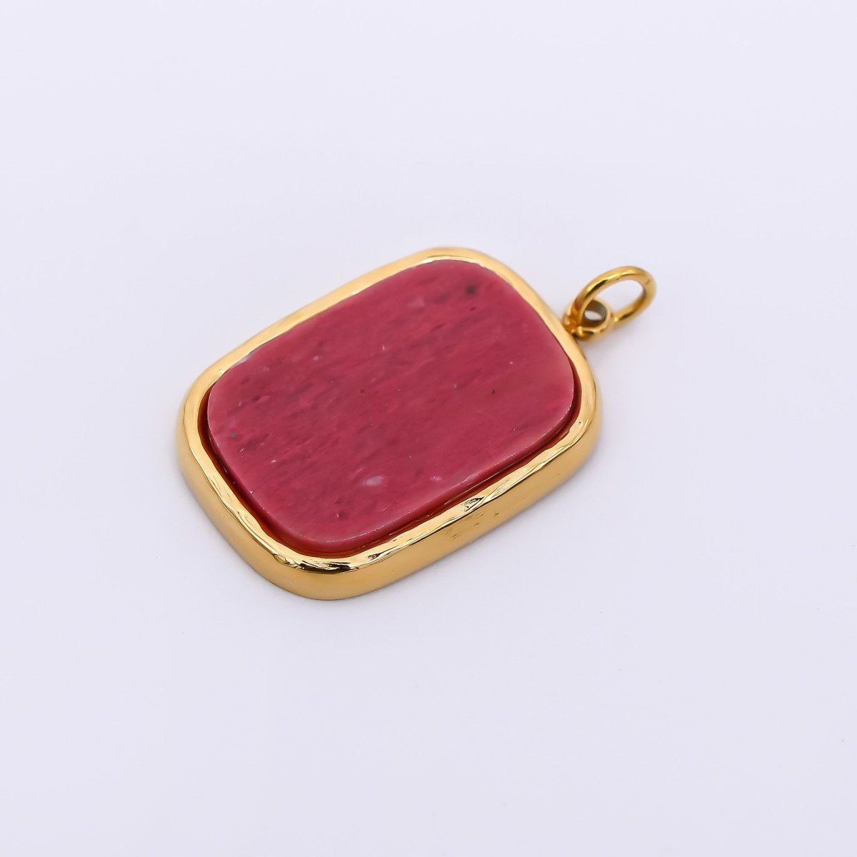 Stainless Steel 21mm Rectangle Natural Gemstone Amazonite &amp; Red Jasper Foil Pendant Charm | J-354