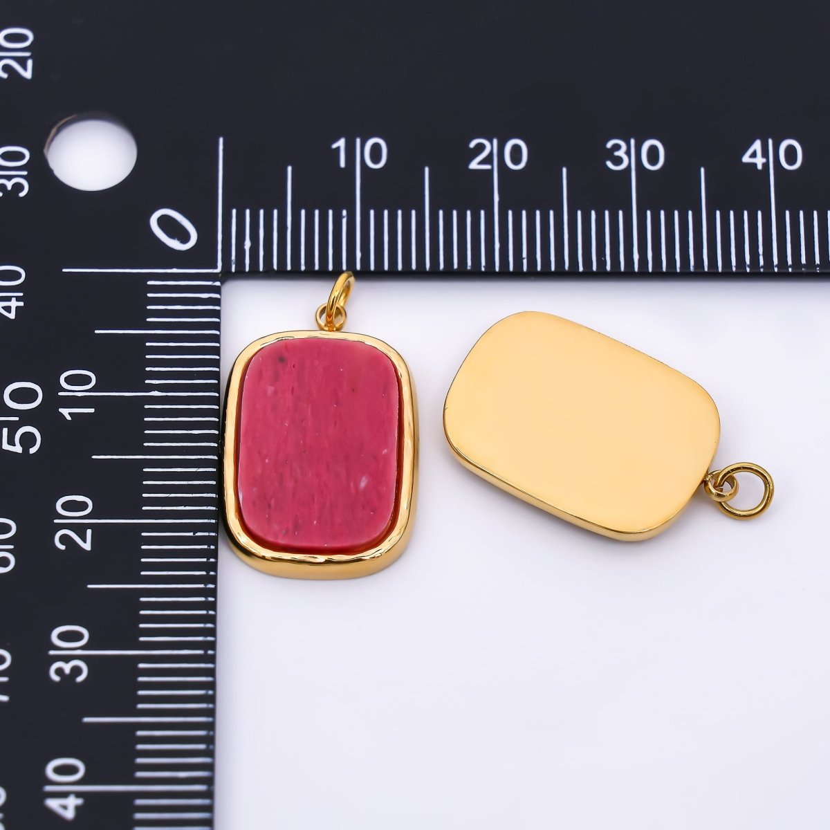 Stainless Steel 21mm Rectangle Natural Gemstone Amazonite &amp; Red Jasper Foil Pendant Charm | J-354