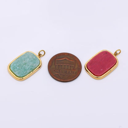 Stainless Steel 21mm Rectangle Natural Gemstone Amazonite &amp; Red Jasper Foil Pendant Charm | J-354