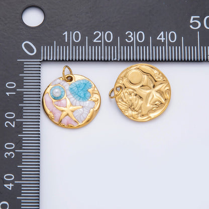 Stainless Steel 21mm Multicolor Shell Pearl Starfish Beach Round Charm | AH927