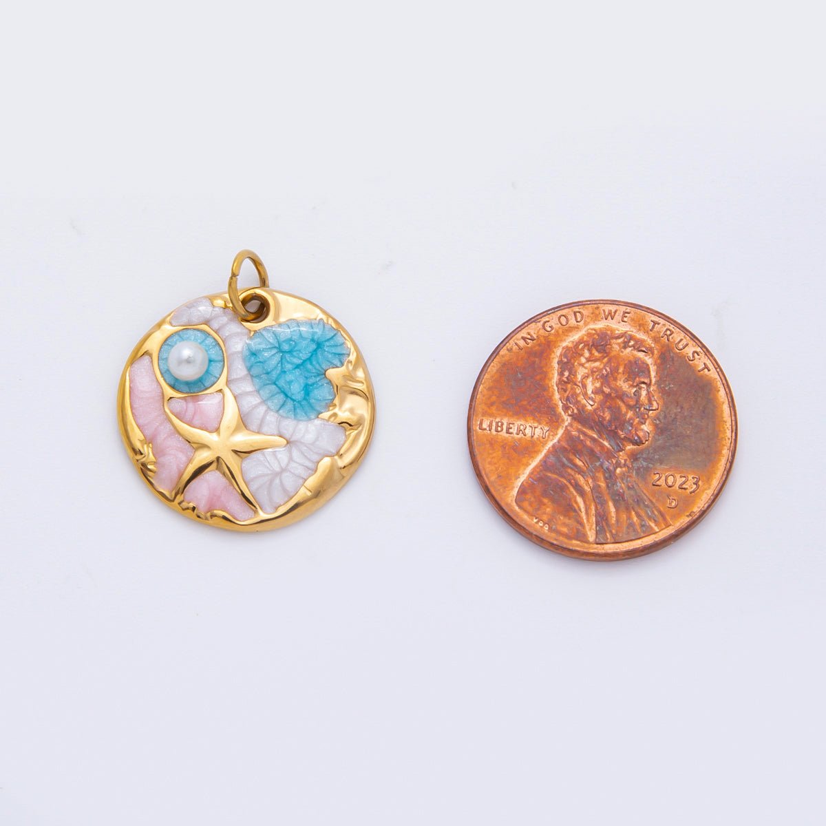 Stainless Steel 21mm Multicolor Shell Pearl Starfish Beach Round Charm | AH927
