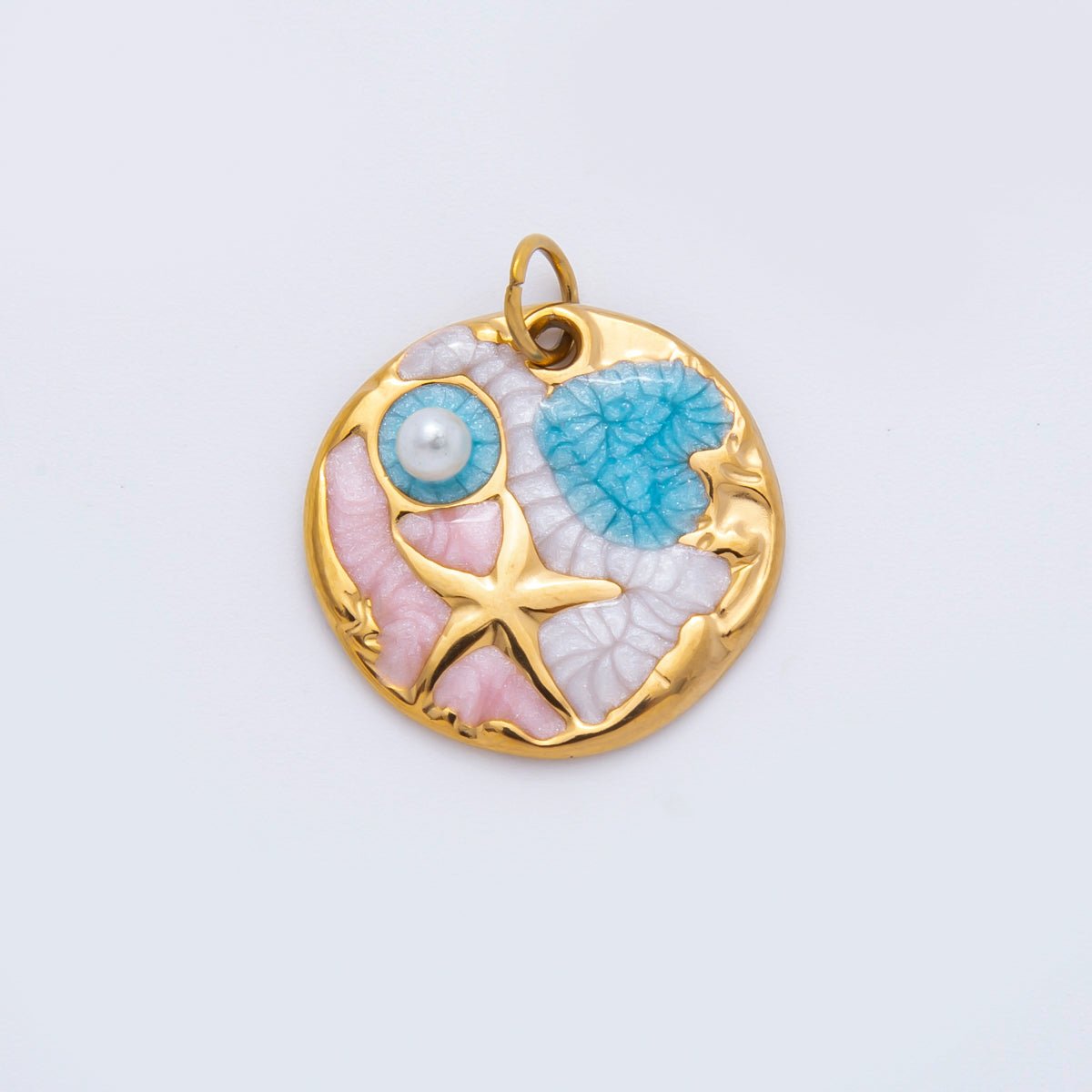 Stainless Steel 21mm Multicolor Shell Pearl Starfish Beach Round Charm | AH927