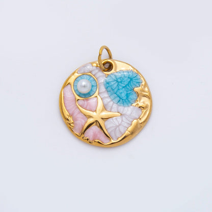 Stainless Steel 21mm Multicolor Shell Pearl Starfish Beach Round Charm | AH927