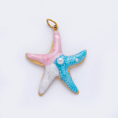 Stainless Steel 21mm Enamel Art Shell Pearl Starfish Ocean-Inspired Charm | AH-928