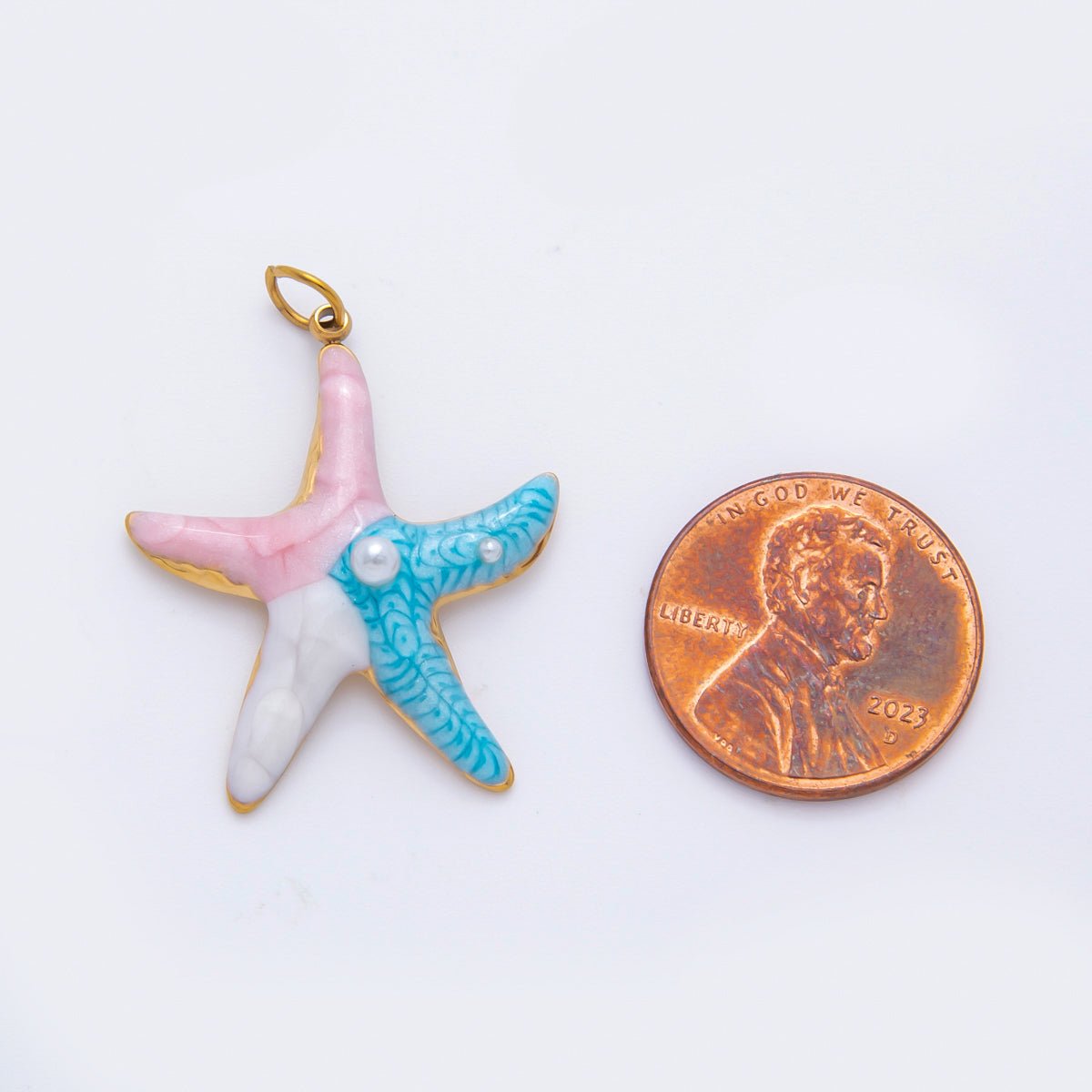 Stainless Steel 21mm Enamel Art Shell Pearl Starfish Ocean-Inspired Charm | AH-928