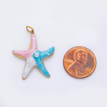 Stainless Steel 21mm Enamel Art Shell Pearl Starfish Ocean-Inspired Charm | AH-928