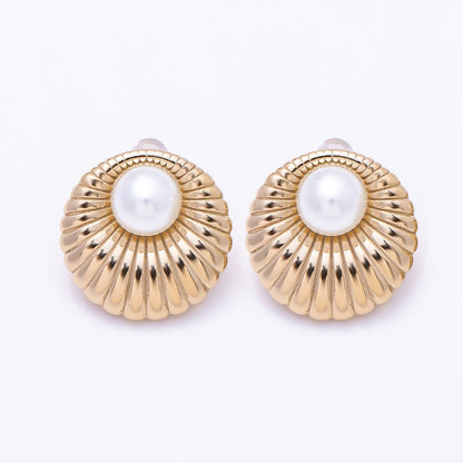 Stainless Steel 22mm Shell Pearl Ribbed Round Stud | Earrings-00727