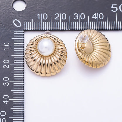Stainless Steel 22mm Shell Pearl Ribbed Round Stud | Earrings-00727