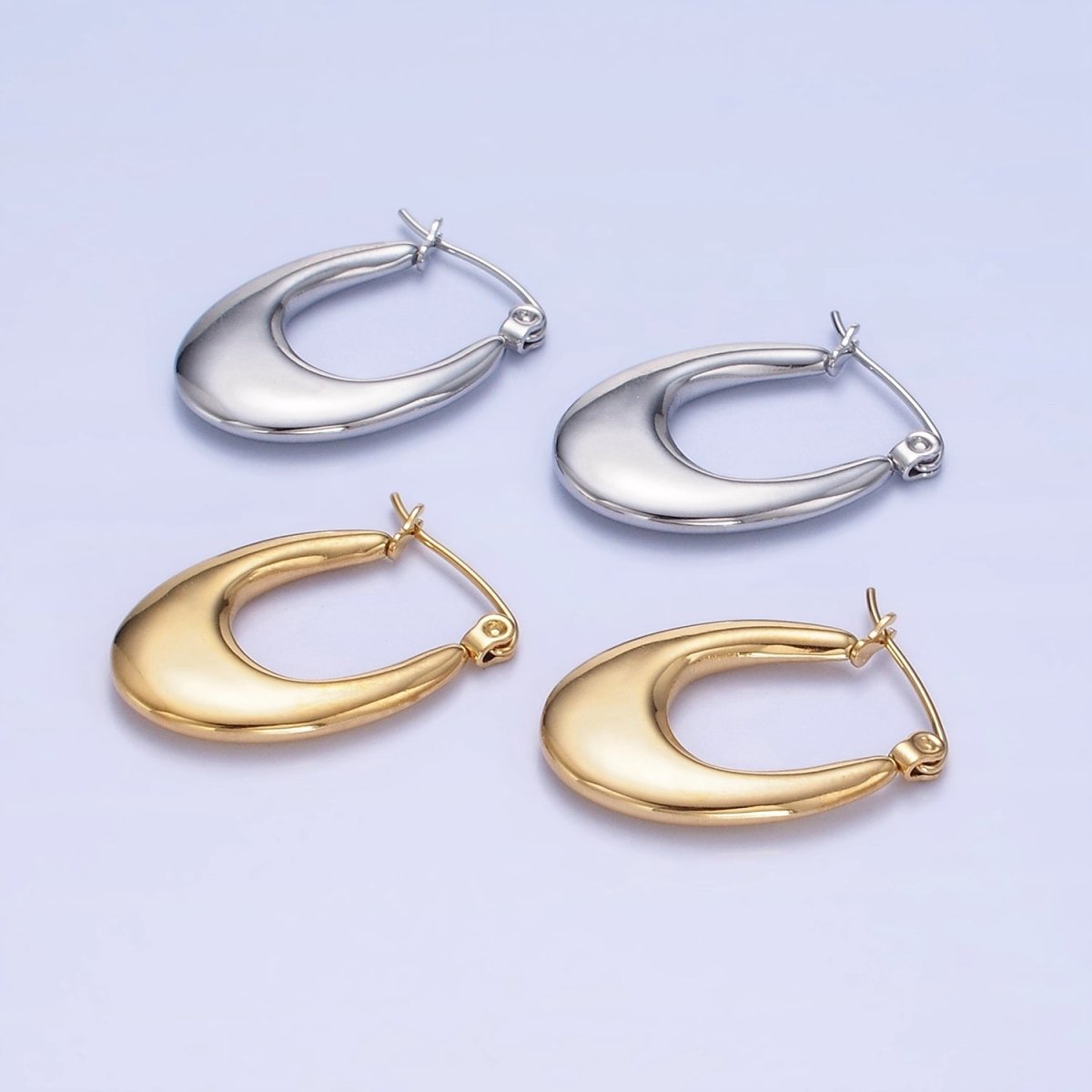 Stainless Steel 25mm U-Shaped Oblong Latch Hoop Earrings in Gold &amp; Silver | AB1390 AB1391