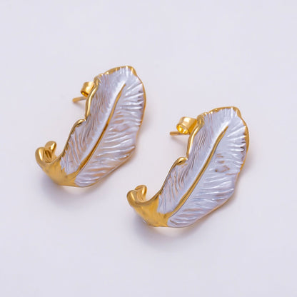 Stainless Steel 25mm White Feather Leaf Enamel J-Shaped Hoop | Earrings-00712