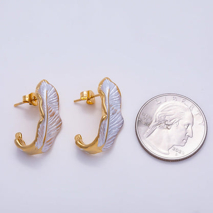 Stainless Steel 25mm White Feather Leaf Enamel J-Shaped Hoop | Earrings-00712