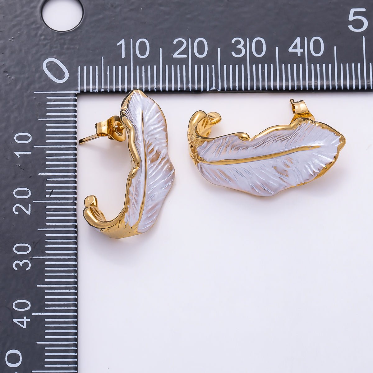 Stainless Steel 25mm White Feather Leaf Enamel J-Shaped Hoop | Earrings-00712