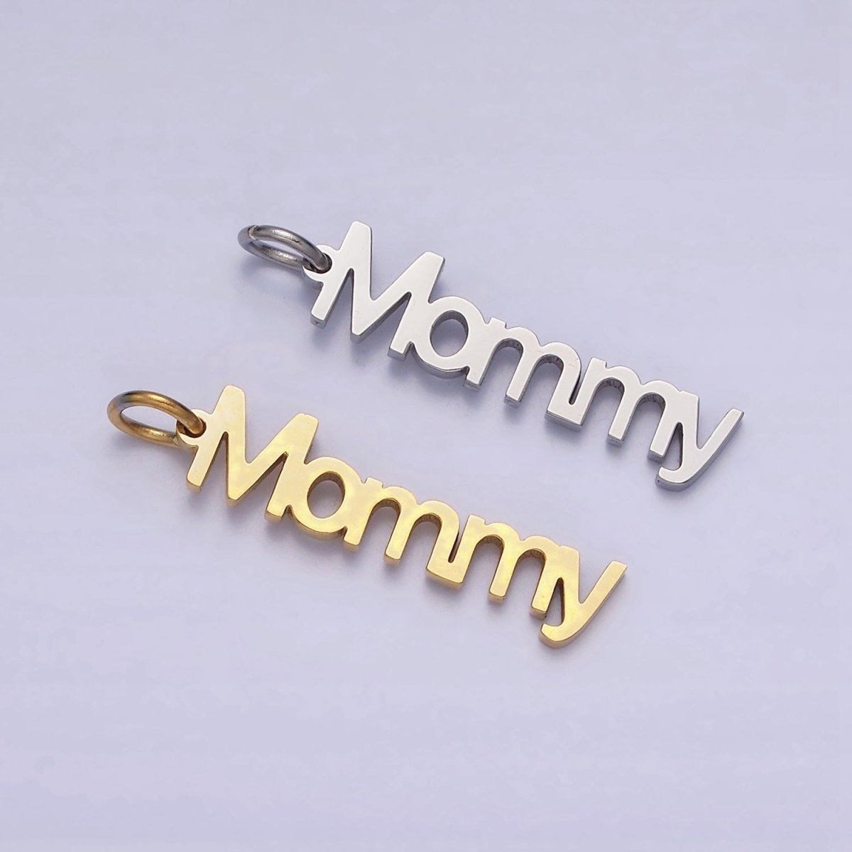 Stainless Steel 27.5mm "Mommy" Script Sideway Charm in Gold &amp; Silver | P-880