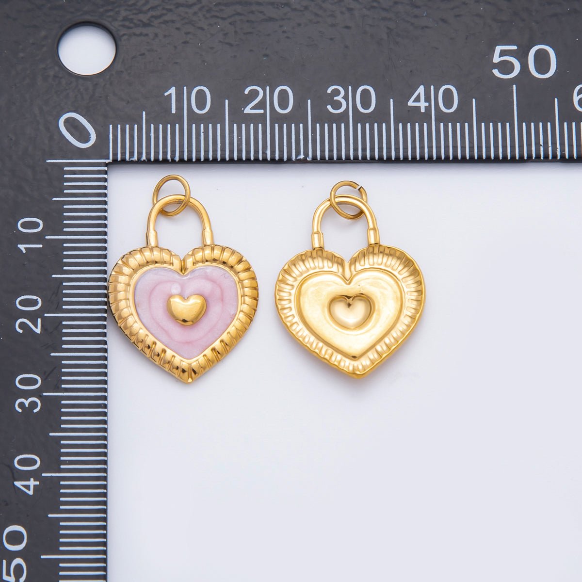 Stainless Steel 27mm Pink, Blue Enamel Ribbed Heart Padlock Charm | C316
