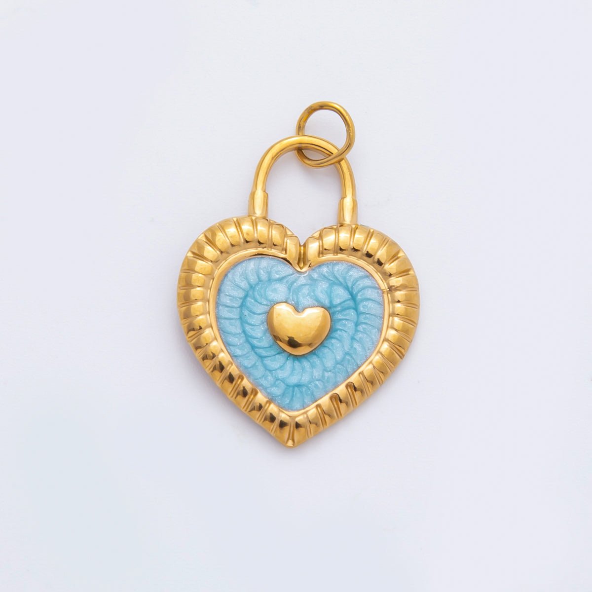Stainless Steel 27mm Pink, Blue Enamel Ribbed Heart Padlock Charm | C316