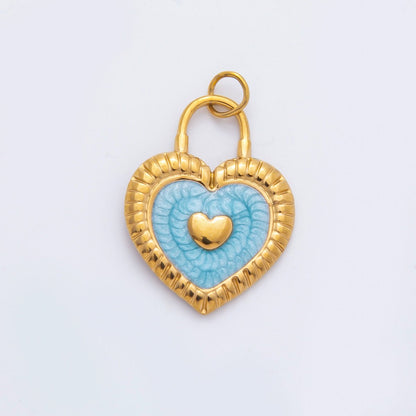 Stainless Steel 27mm Pink, Blue Enamel Ribbed Heart Padlock Charm | C316