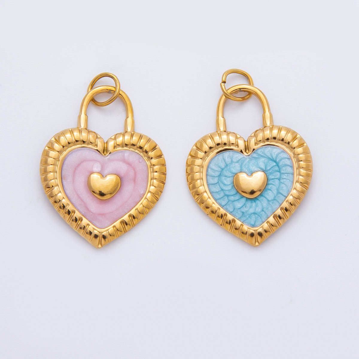 Stainless Steel 27mm Pink, Blue Enamel Ribbed Heart Padlock Charm | C316