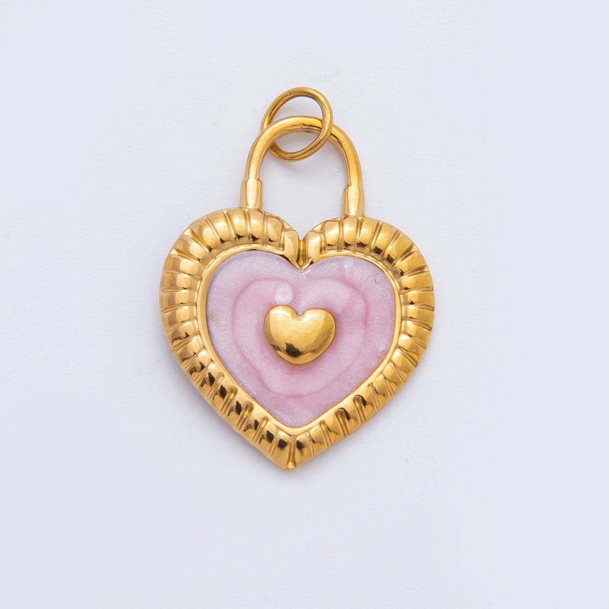 Stainless Steel 27mm Pink, Blue Enamel Ribbed Heart Padlock Charm | C316