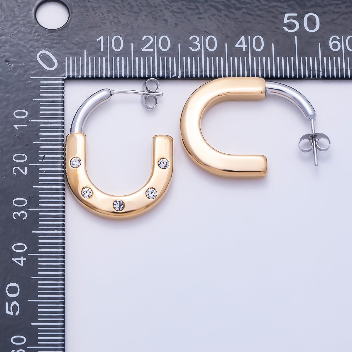 Stainless Steel 29mm Clear CZ Dotted Mixed Metal J-Shaped Hoop | Earrings-00714