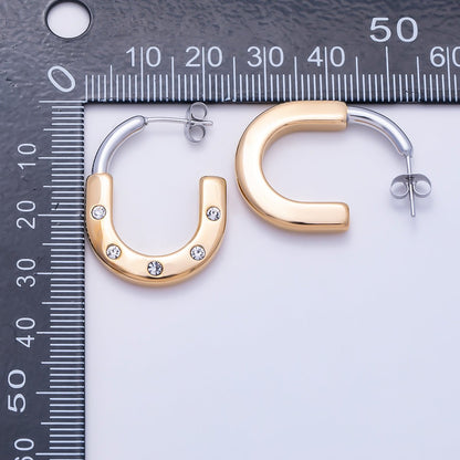 Stainless Steel 29mm Clear CZ Dotted Mixed Metal J-Shaped Hoop | Earrings-00714