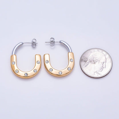 Stainless Steel 29mm Clear CZ Dotted Mixed Metal J-Shaped Hoop | Earrings-00714