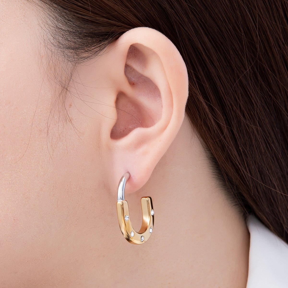 Stainless Steel 29mm Clear CZ Dotted Mixed Metal J-Shaped Hoop | Earrings-00714
