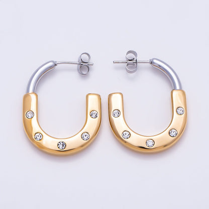 Stainless Steel 29mm Clear CZ Dotted Mixed Metal J-Shaped Hoop | Earrings-00714