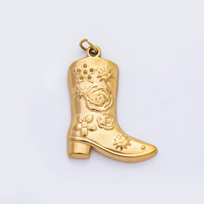 Stainless Steel 30.5mm Artisan Flower Cowboy Boots Shoes Charm | C-052