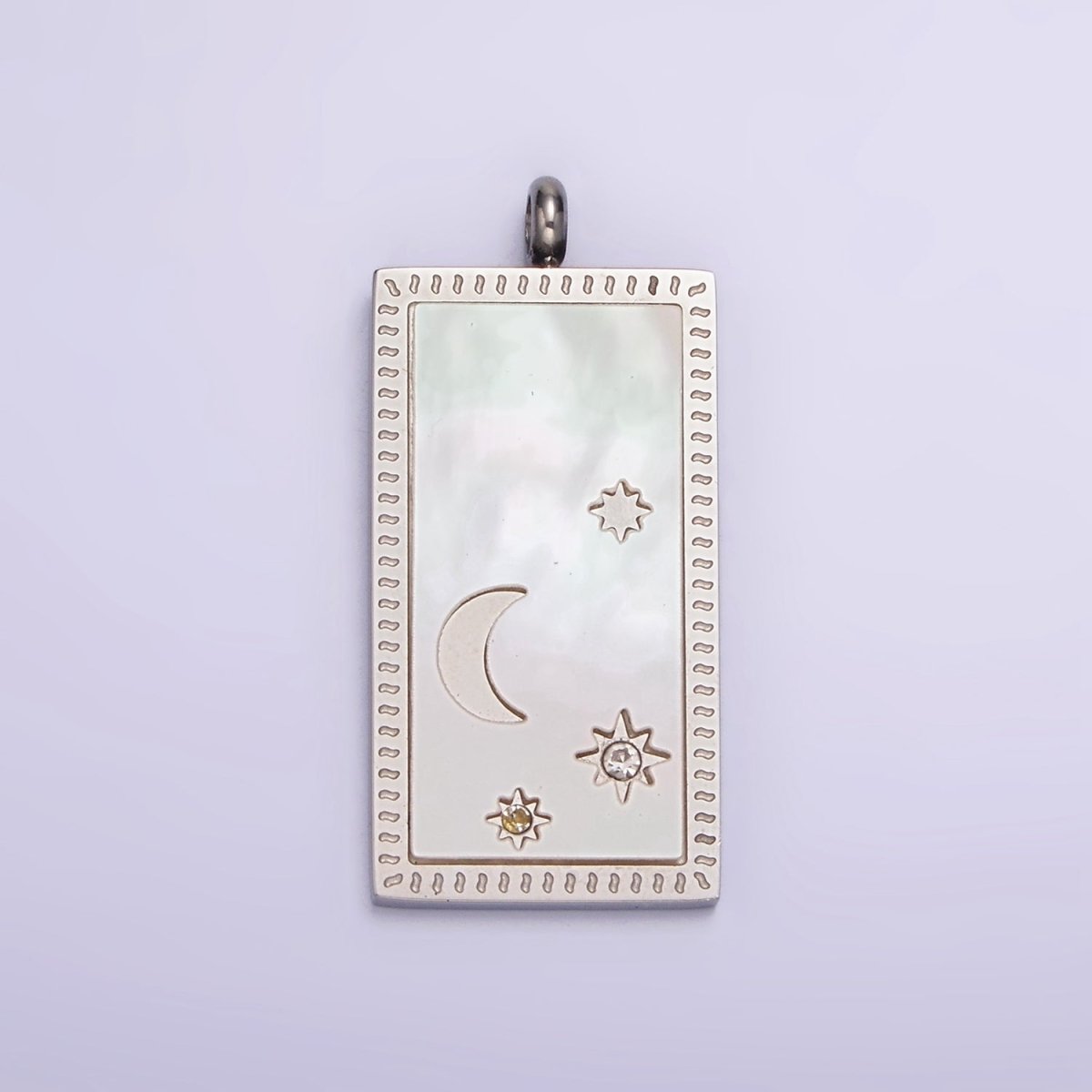 Stainless Steel 30mm Celestial Crescent Moon Star Shell Pearl Rectangular Tag Charm in Gold &amp; Silver | P-669 P-670