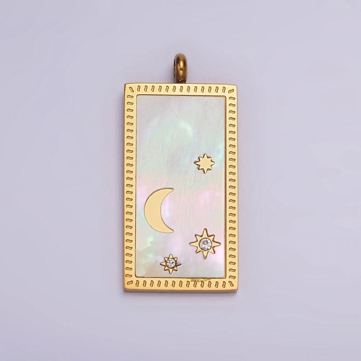 Stainless Steel 30mm Celestial Crescent Moon Star Shell Pearl Rectangular Tag Charm in Gold &amp; Silver | P-669 P-670