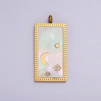 Stainless Steel 30mm Celestial Crescent Moon Star Shell Pearl Rectangular Tag Charm in Gold &amp; Silver | P-669 P-670