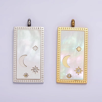 Stainless Steel 30mm Celestial Crescent Moon Star Shell Pearl Rectangular Tag Charm in Gold &amp; Silver | P-669 P-670