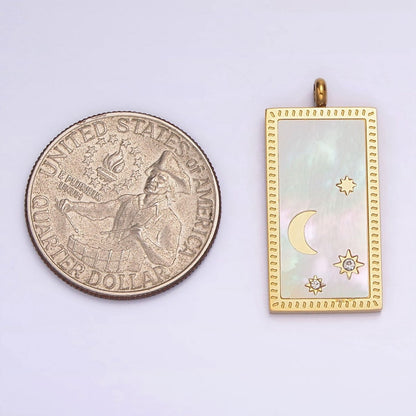 Stainless Steel 30mm Celestial Crescent Moon Star Shell Pearl Rectangular Tag Charm in Gold &amp; Silver | P-669 P-670