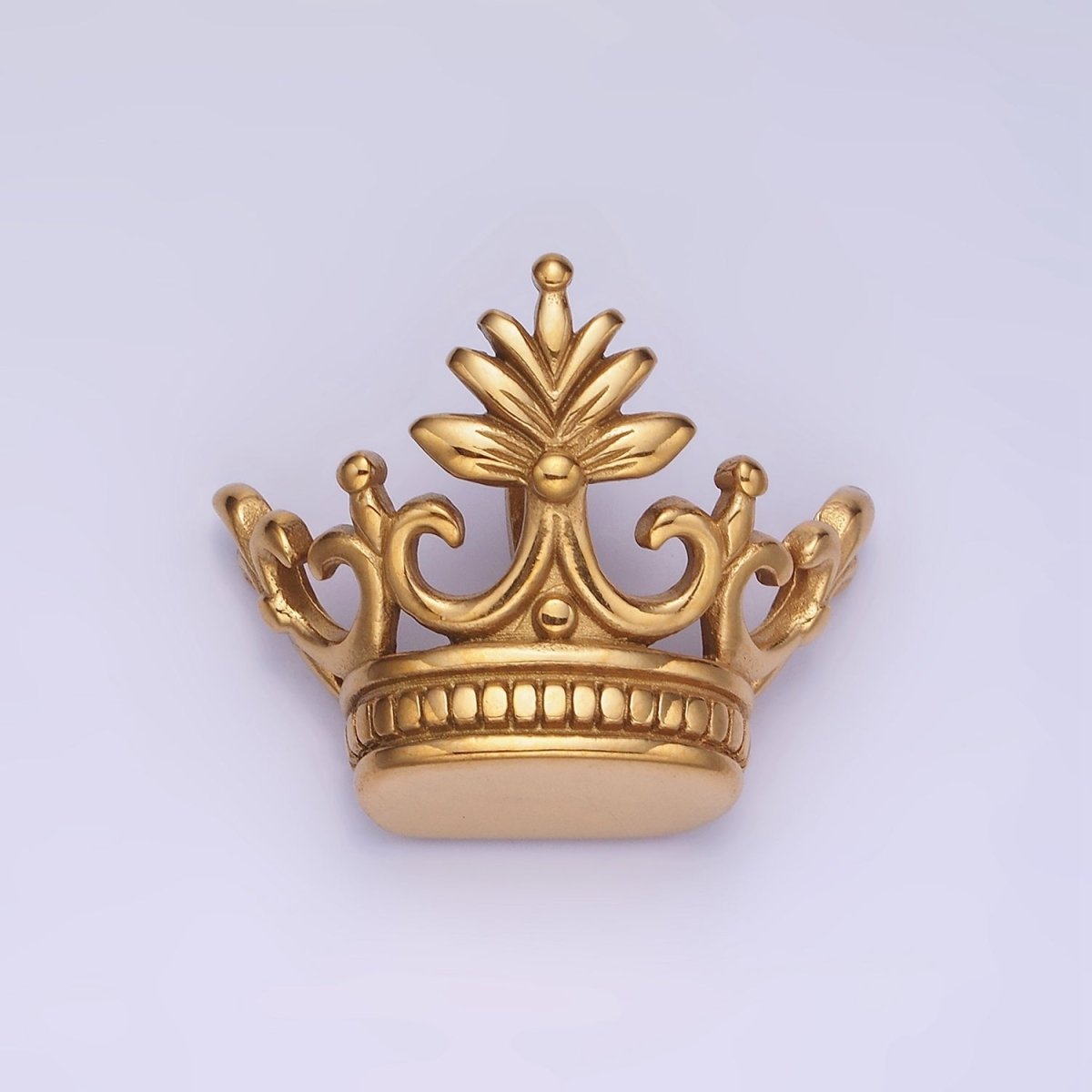Stainless Steel 30mm Leaf Royal Crown Back Loop Pendant in Gold &amp; Silver | P-01386