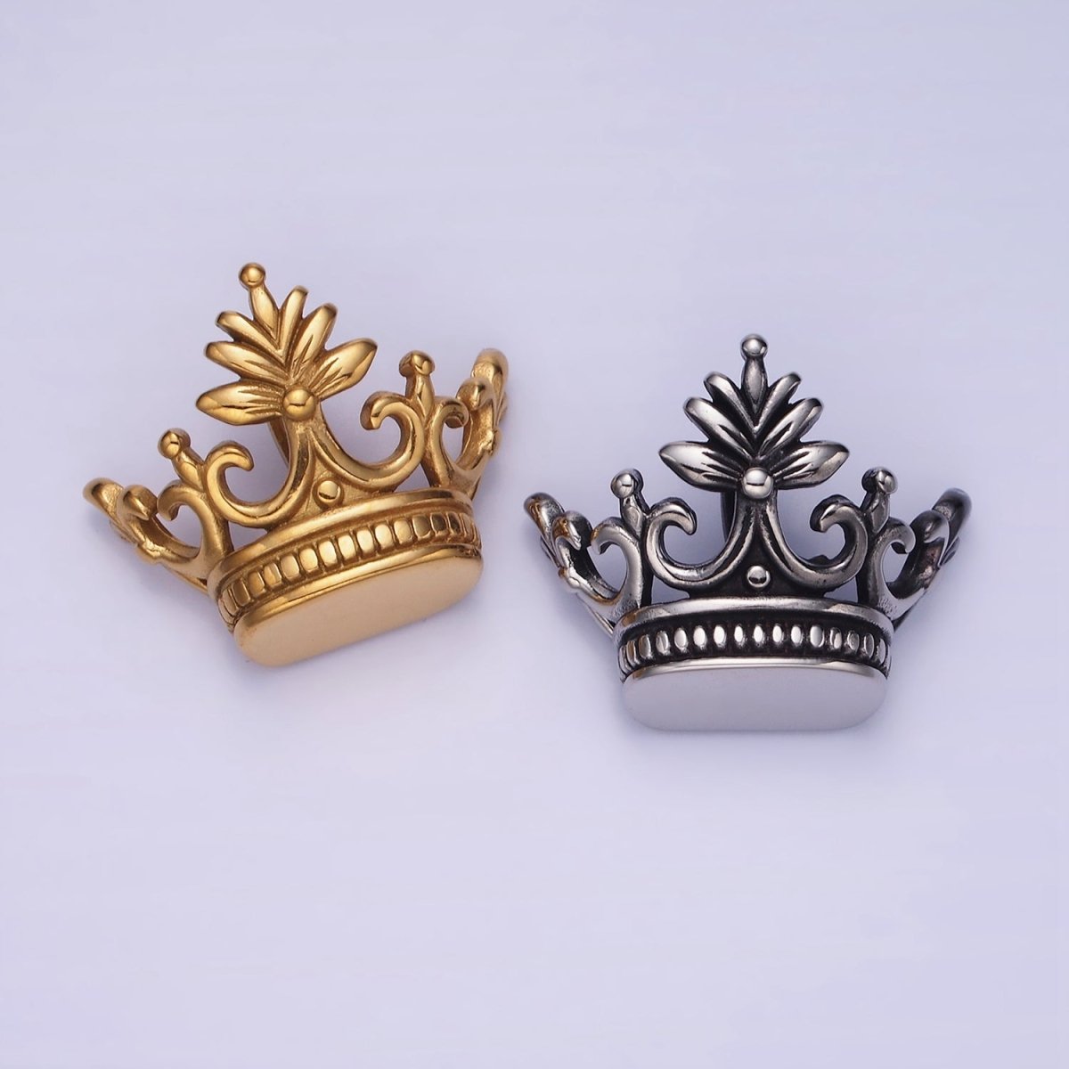 Stainless Steel 30mm Leaf Royal Crown Back Loop Pendant in Gold &amp; Silver | P-01386