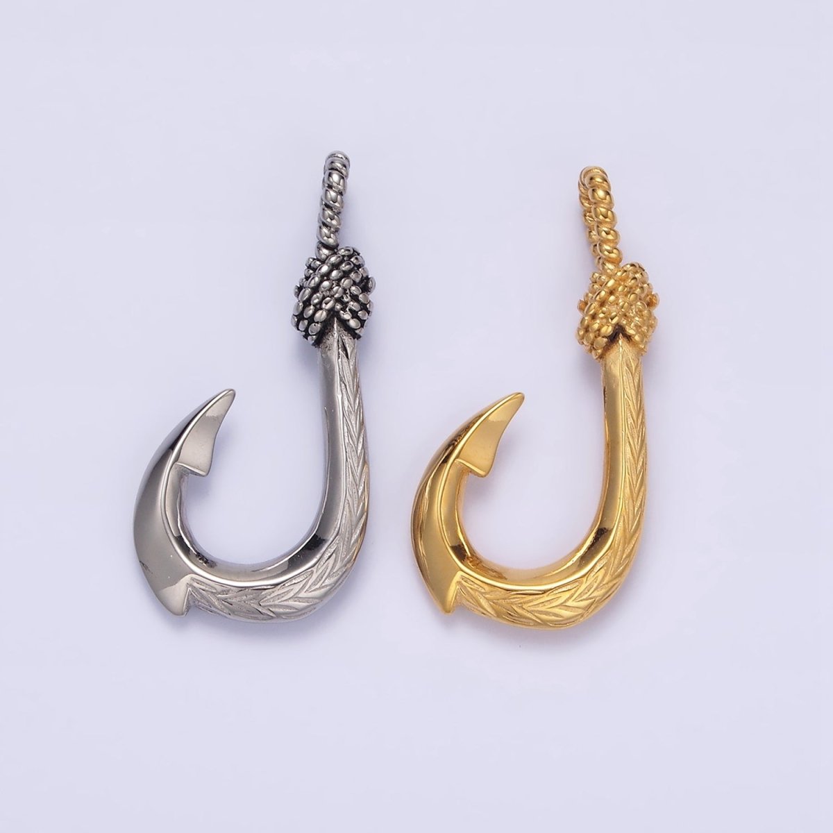 Stainless Steel 30mm Rope-Tied Double Sided Engraved Nautical Hook Pendant in Gold &amp; Silver | P-788