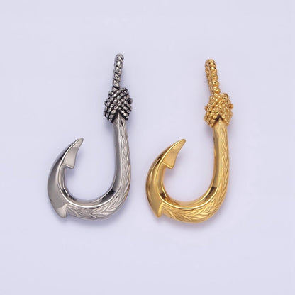 Stainless Steel 30mm Rope-Tied Double Sided Engraved Nautical Hook Pendant in Gold &amp; Silver | P-788