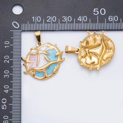 Stainless Steel 32mm Blue White Pink Enamel Art Under the Sea Coral Pendant | P-822