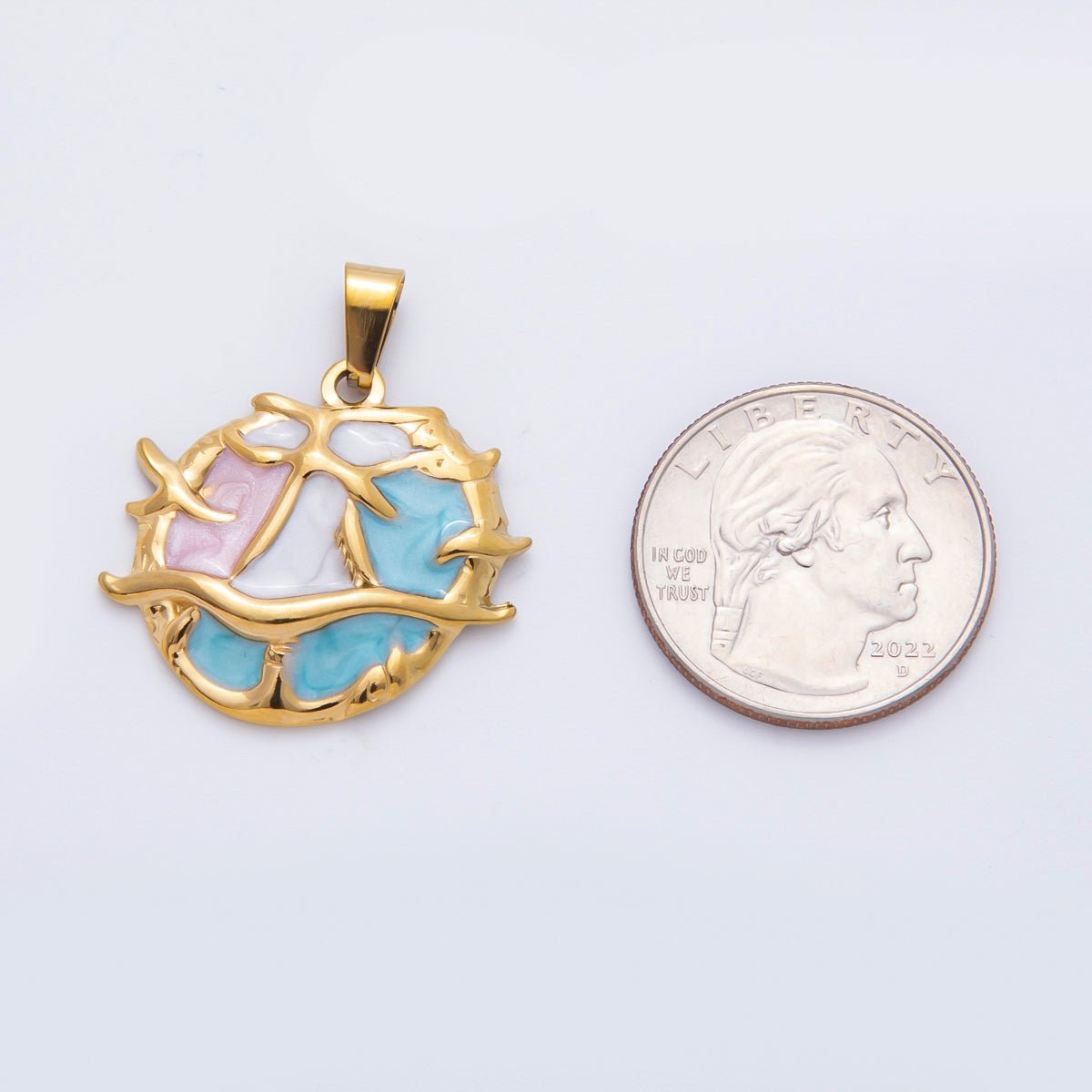 Stainless Steel 32mm Blue White Pink Enamel Art Under the Sea Coral Pendant | P-822