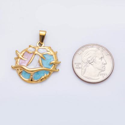 Stainless Steel 32mm Blue White Pink Enamel Art Under the Sea Coral Pendant | P-822