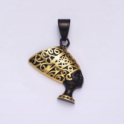 Stainless Steel 34mm Queen Nefertiti Egyptian Goddess Gold-Accented Black Pendant J-690