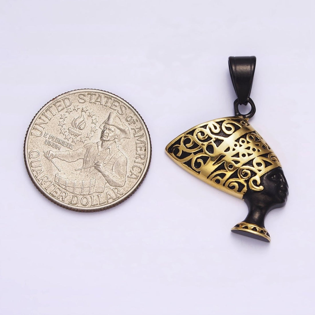 Stainless Steel 34mm Queen Nefertiti Egyptian Goddess Gold-Accented Black Pendant J-690