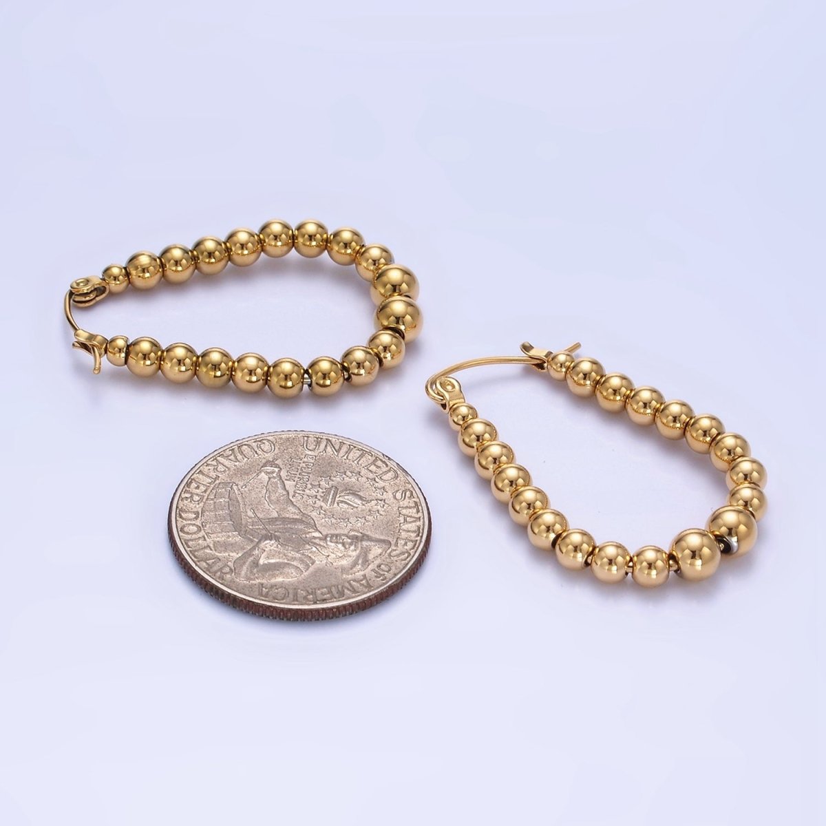 Stainless Steel 35mm Beaded Bubble Oblong Latch Hoop Earrings in Gold &amp; Silver | AB1374 AB1375