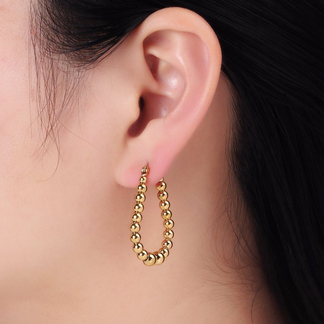 Stainless Steel 35mm Beaded Bubble Oblong Latch Hoop Earrings in Gold &amp; Silver | AB1374 AB1375