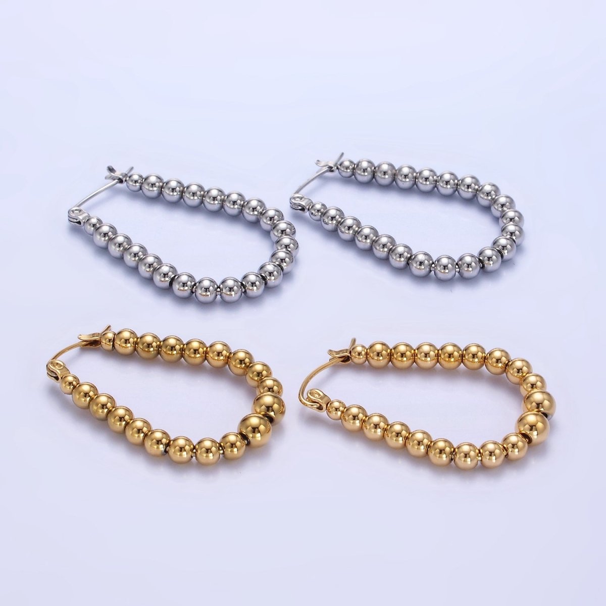Stainless Steel 35mm Beaded Bubble Oblong Latch Hoop Earrings in Gold &amp; Silver | AB1374 AB1375