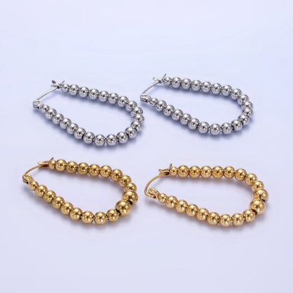 Stainless Steel 35mm Beaded Bubble Oblong Latch Hoop Earrings in Gold &amp; Silver | AB1374 AB1375