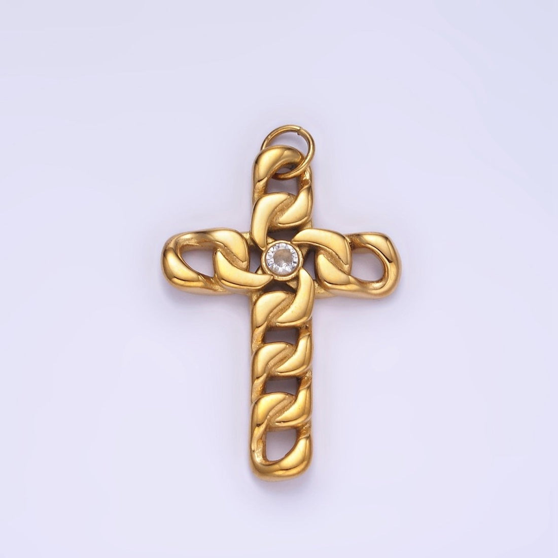 Stainless Steel CZ Curb Chain Religious Cross Charm in Gold &amp; Silver | P965