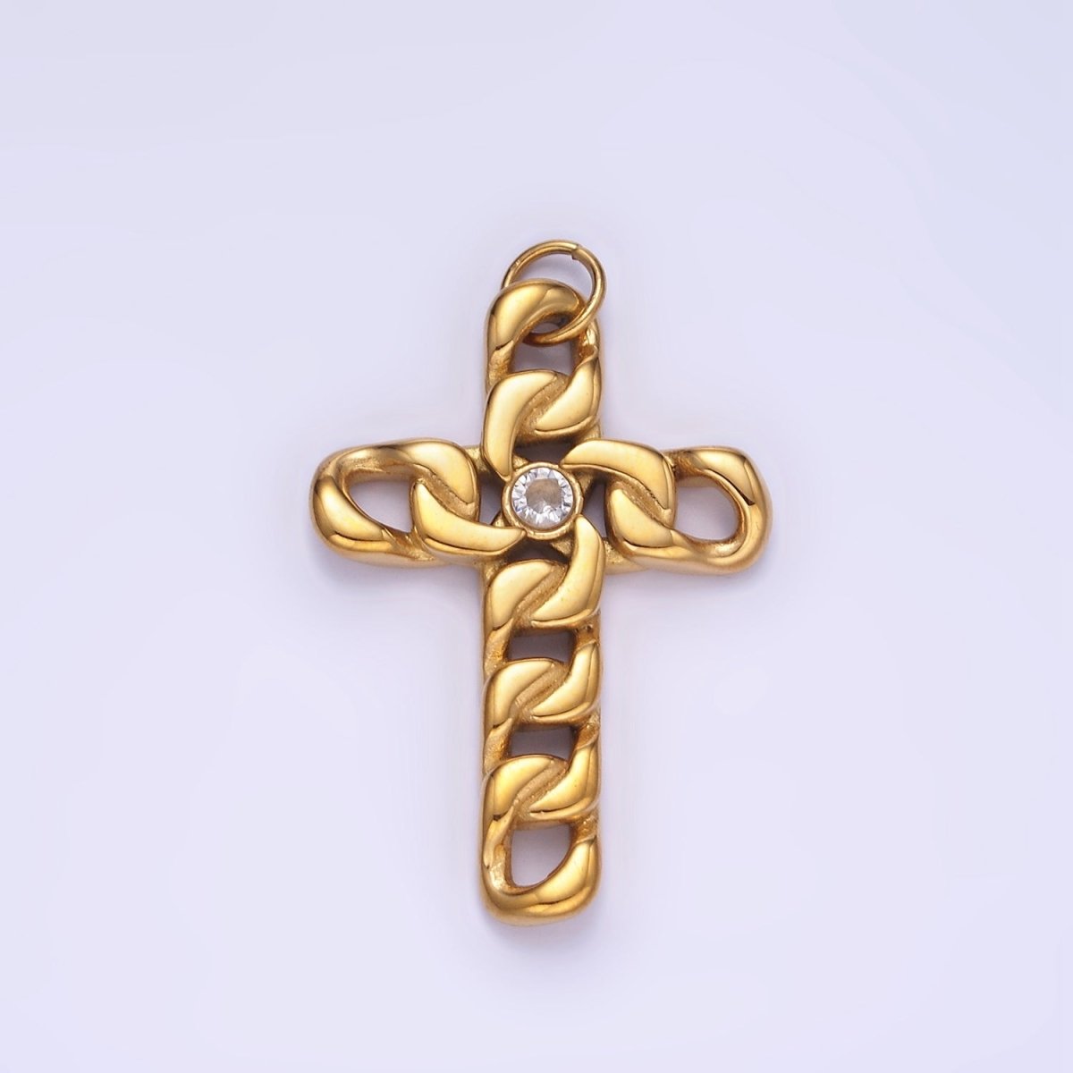 Stainless Steel CZ Curb Chain Religious Cross Charm in Gold &amp; Silver | P965