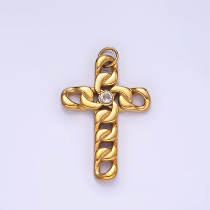 Stainless Steel CZ Curb Chain Religious Cross Charm in Gold &amp; Silver | P965