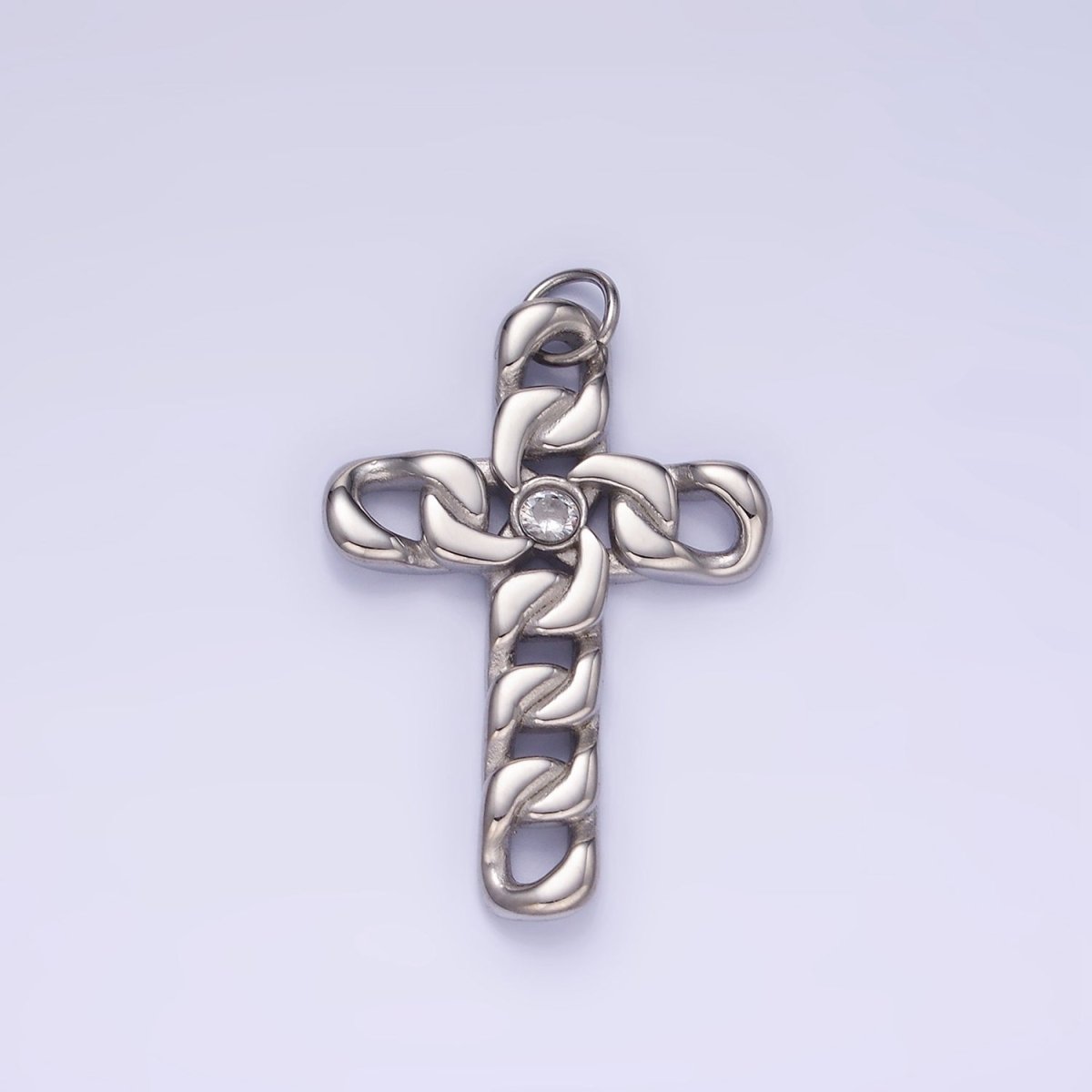 Stainless Steel CZ Curb Chain Religious Cross Charm in Gold &amp; Silver | P965